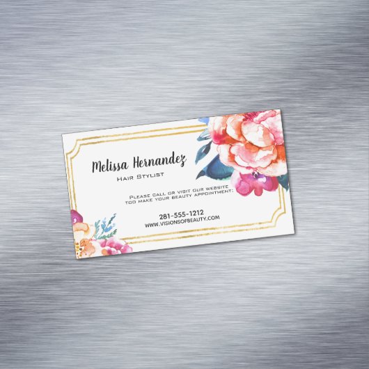 専門のピンクの青い花の金ゴールドの美容師 マグネット名刺 (インサイチュ)