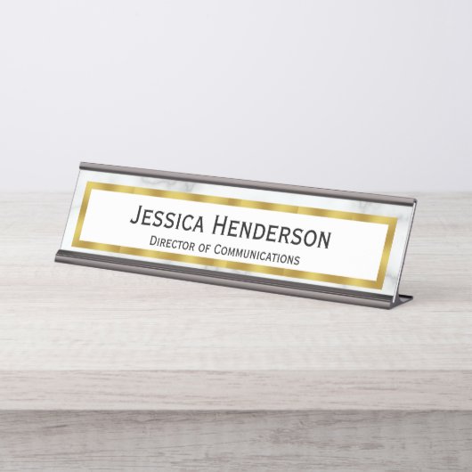 専門のフェイクな金ゴールドおよび白い大理石の一見 デスクネームプレート (正面)