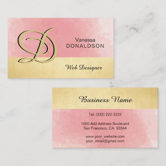 専門のモノグラムのな金ゴールドのピンクの水彩画 名刺 (正面/裏面)