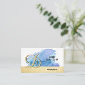 専門のモノグラムのな金ゴールドの青の水彩画 名刺 (スタンド正面)