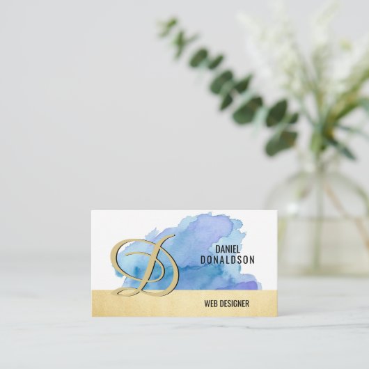 専門のモノグラムのな金ゴールドの青の水彩画 名刺 (スタンド正面)