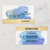専門のモノグラムのな金ゴールドの青の水彩画 名刺 (正面/裏面)
