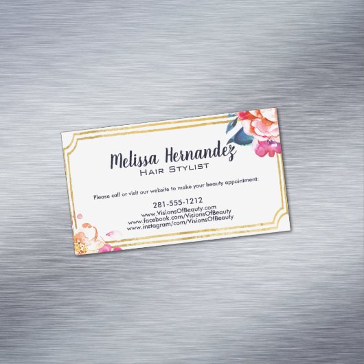 専門の美容師の毛の花のピンクの青 マグネット名刺 (インサイチュ)