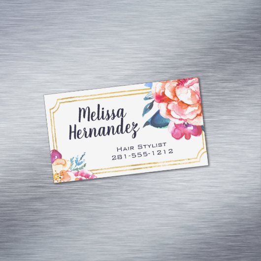専門の美容師の毛の花のピンクの青 マグネット名刺 (インサイチュ)