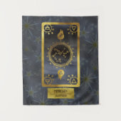 射手座の暗い〔占星術の〕十二宮図星占い：黒い金ゴールド名 タペストリー (正面)