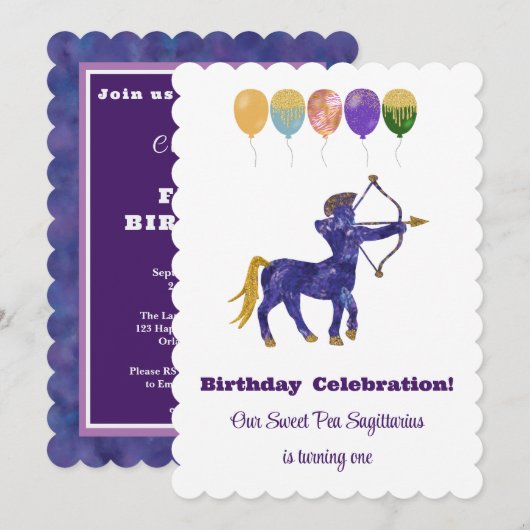 射手座の1歳の誕生日　印象派のゴールドラメ 招待状 (正面/裏面)