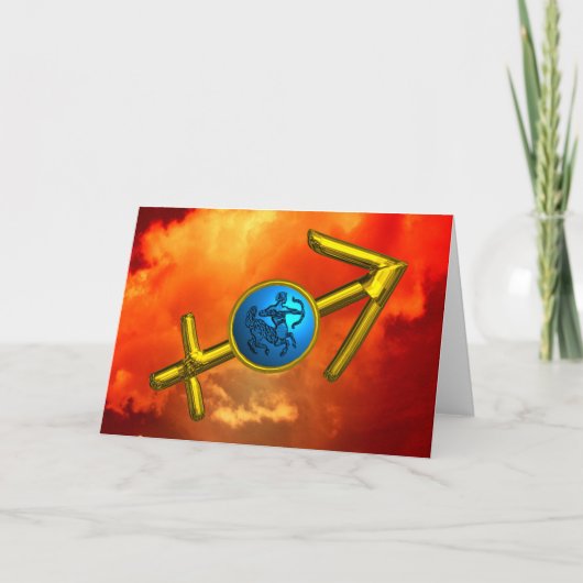 射手座ブルーターコイズ、金ゴールド〔占星術の〕十二宮図誕生日 カード (正面)