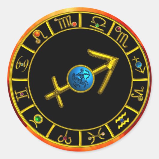 射手座及び金ゴールド〔占星術の〕十二宮図誕生日シンボルや象徴円 ラウンドシール (正面)