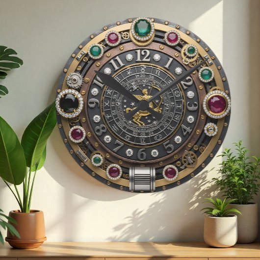 射手座時計、〔占星術の〕十二宮図標識、スティームパンク、宝石 ラウンド壁時計