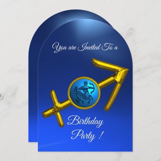 射手座金ゴールドアクアブルー〔占星術の〕十二宮図バースデーパーティー 招待状 (正面/裏面)