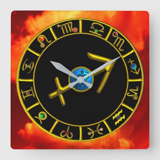 射手座金ゴールドブルー〔占星術の〕十二宮図宝石占星図 スクエア壁時計 (正面)