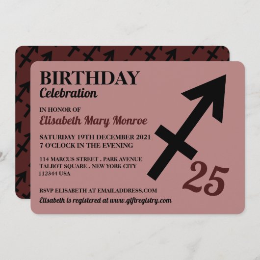 射手座、ザアーチャー、〔占星術の〕十二宮図スターサイン誕生日 招待状 (正面/裏面)