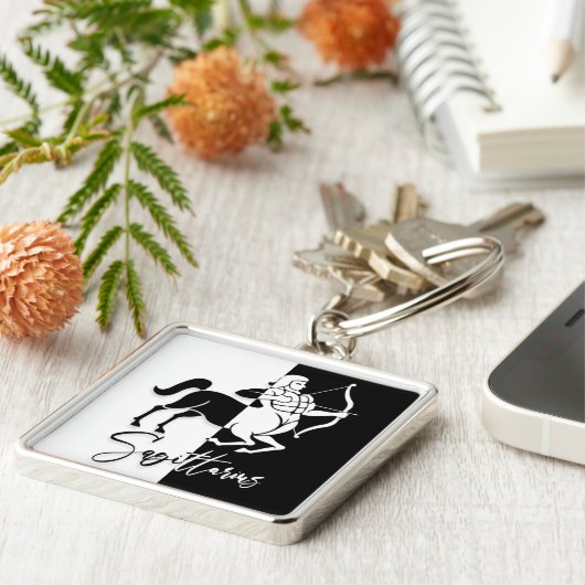 射手座〔占星術の〕十二宮図サイン、白黒キーチェーン キーホルダー (側面)