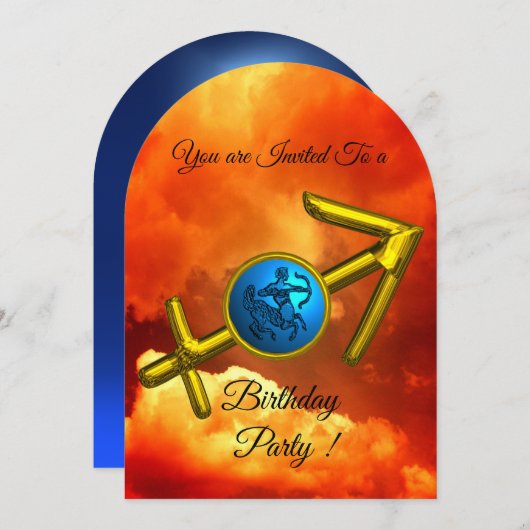 射手座〔占星術の〕十二宮図誕生日金ゴールドブルー、火災雲 招待状 (正面/裏面)