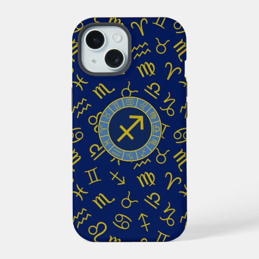 射手座〔占星術の〕十二宮図+星占い記号Ptn Gld+ブルース iPhone 15ケース (裏面)