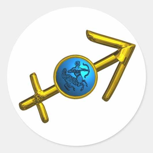 射手座、金ゴールドブルー〔占星術の〕十二宮図誕生日標識 ラウンドシール (正面)