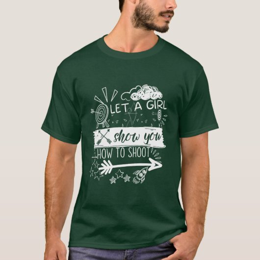 射撃の仕方を女の子に見せてもらおうとするアーチャー おもしろTシャツ Tシャツ (正面)