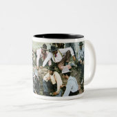 射撃、発砲のがらくたを賭けているカウボーイを描写する郵便はがき ツートーンマグカップ (正面右)