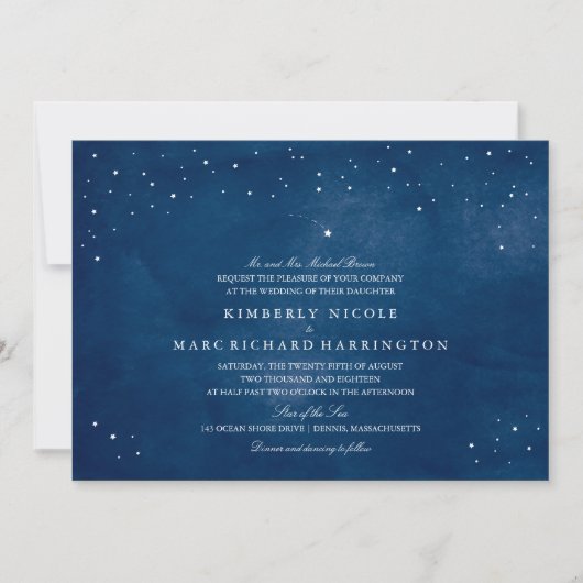 射撃、 発砲スターネイビーブルーウォーター結婚カラー 招待状 (正面)