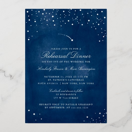 射撃、 発砲スターブルーウォーター結婚カラーズリハーサル 箔招待状 (正面)