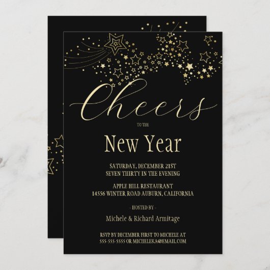 射撃、 発砲金ゴールドスターズニューイヤーズ招待状 招待状 (正面/裏面)