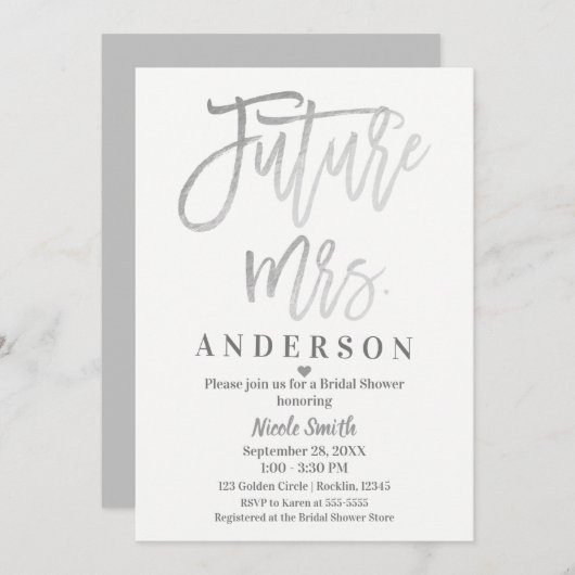 将来のシルバースクリプトモダンブライダルシャワー 招待状 (正面/裏面)