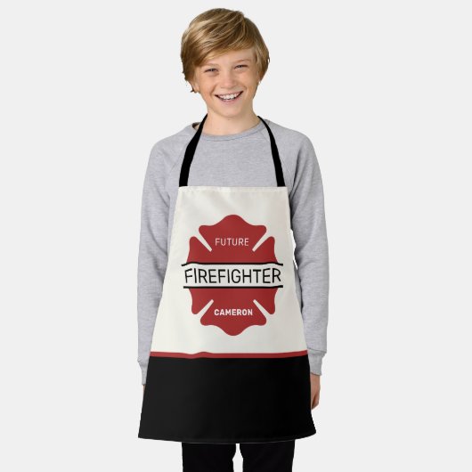 将来のパーソナライズされた消防士の赤いロゴの記号 エプロン (着用した状態)