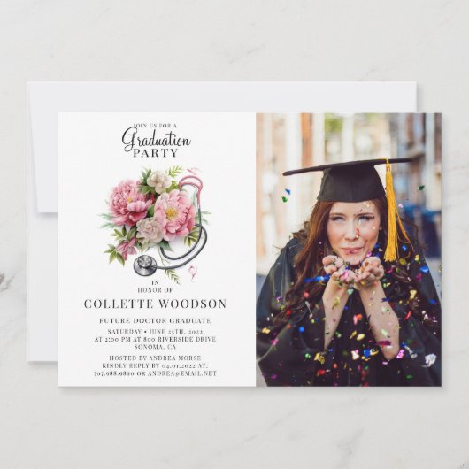 将来の医師フローラ聴診器の写真卒業 招待状 (正面)