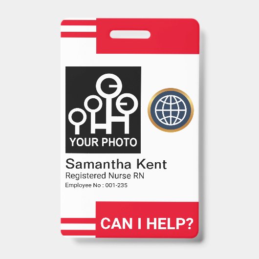 将来的な赤写真テンプレートストライプ従業員ID バッジ (Front)