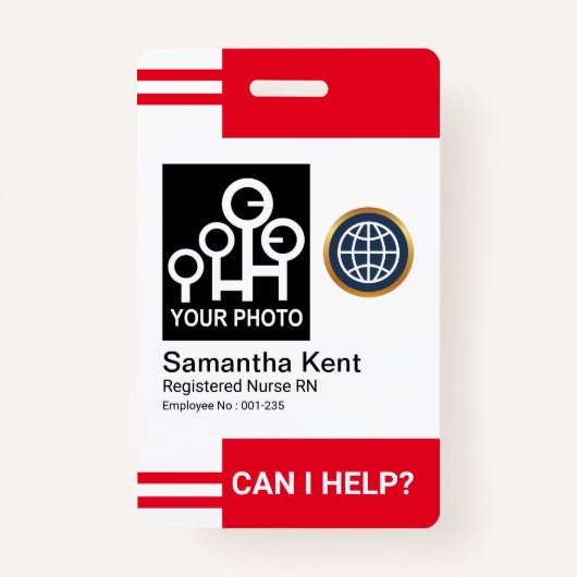 将来的な赤写真テンプレートストライプ従業員ID バッジ (正面)