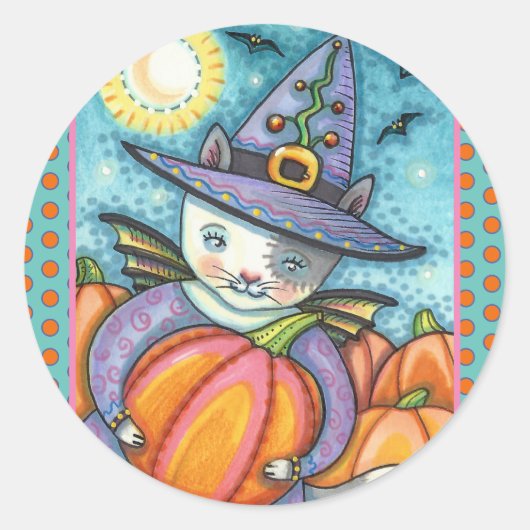 小こうもり猫ネコかわいい&カラフル ラウンドシール (正面)