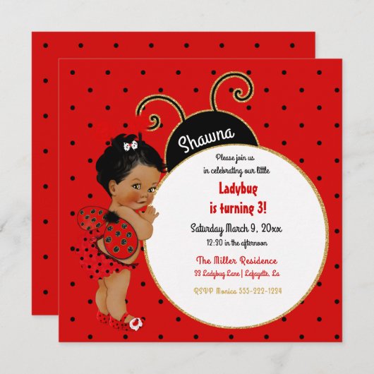 小さいてんとう虫のアフリカ系アメリカ人の女の子の赤い黒 招待状 (正面/裏面)