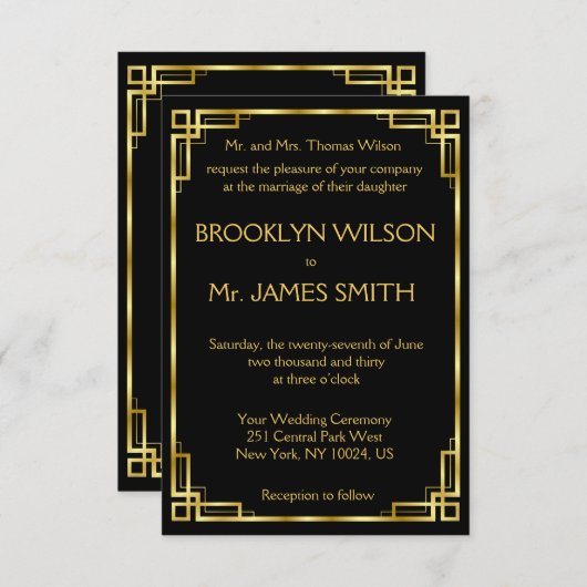小さいアールデコブラックと金ゴールド結婚式招待状 招待状 (正面/裏面)