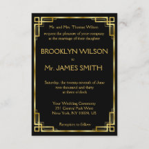 小さいアールデコブラックと金ゴールド結婚式招待状