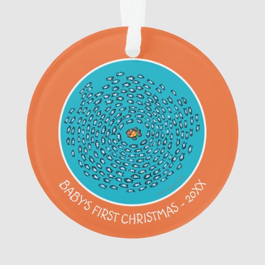 小さいオレンジ魚が付いている青い魚の学校パターン オーナメント (裏面)