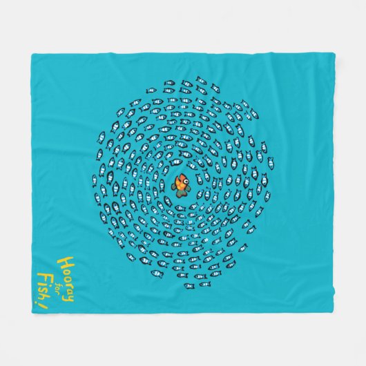 小さいオレンジ魚が付いている青い魚の学校パターン フリースブランケット (正面(横))