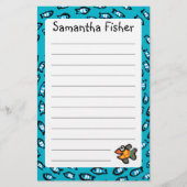 小さいオレンジ魚が付いている青い魚の学校パターン 便箋 (正面)