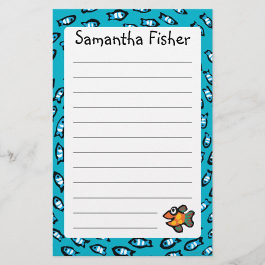 小さいオレンジ魚が付いている青い魚の学校パターン 便箋 (正面)