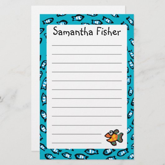 小さいオレンジ魚が付いている青い魚の学校パターン 便箋 (正面/裏面)