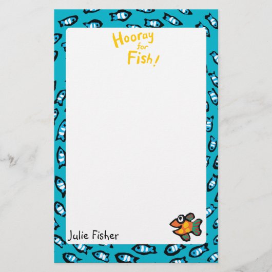 小さいオレンジ魚が付いている青い魚の学校パターン 便箋 (正面)