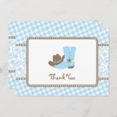 小さいカウボーイのベビーシャワーは青および茶色感謝していしています サンキューカード (正面/裏面)