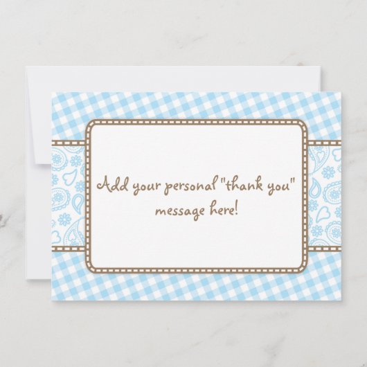 小さいカウボーイのベビーシャワーは青および茶色感謝していしています サンキューカード (裏面)