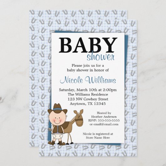 小さいカウボーイの蹄鉄のベビーシャワー招待状 招待状 (正面/裏面)
