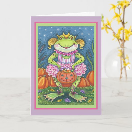小さいカエルのホップの豊富なハロウィンの挨拶状の詩 カード (黄色い花)