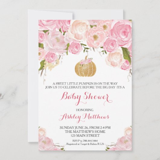 小さいカボチャベビーシャワーのピンク及び金ゴールドのグリッター 招待状 (正面)