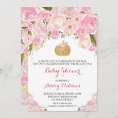 小さいカボチャベビーシャワーのピンク及び金ゴールドのグリッター 招待状 (正面/裏面)