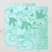 小さいサイズが ミントブルーの鳥と渦巻きを変える 招待状 (正面/裏面)