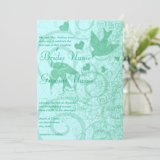 小さいサイズはミント青の鳥と渦巻きを変えることができる 招待状 (スタンド正面)