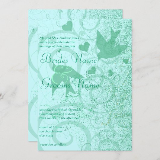 小さいサイズはミント青の鳥と渦巻きを変えることができる 招待状 (正面/裏面)