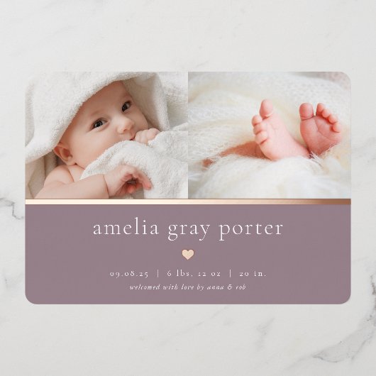 小さいハート | 2枚のフォトフォイル誕生のお知らせ 箔招待状 (正面)